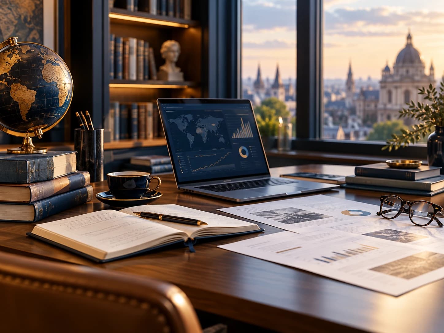 Organised research workspace with academic materials, a laptop and analytical notes